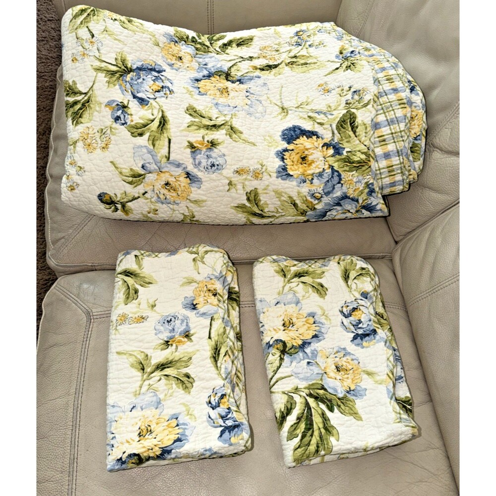 Waverly Quilt Set 2 Pillow Shams Queen Floral Reversible Plaid Green Yellow
